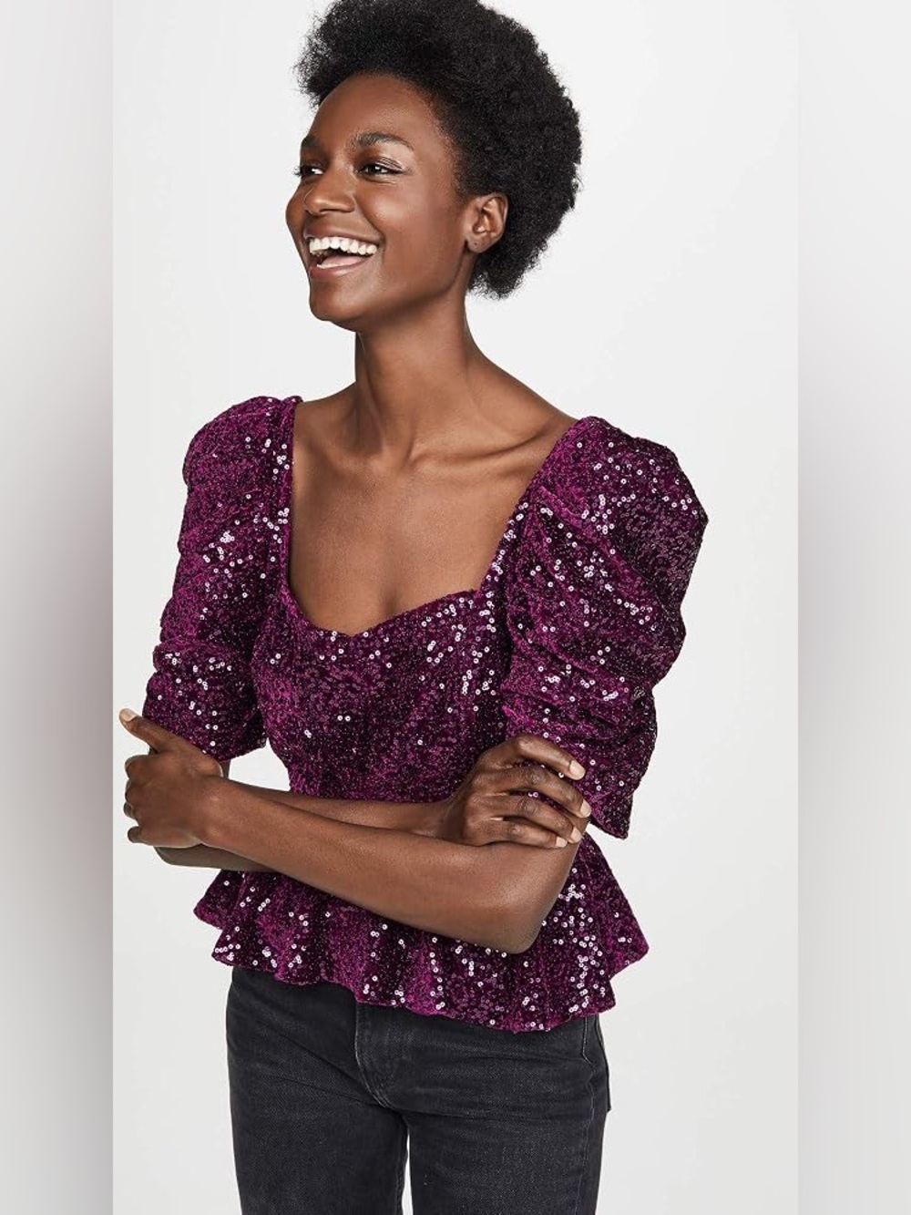 Amanda Uprichard Natasha Peplum Top Sequin Puff Sleeves Sweetheart Neck Purple